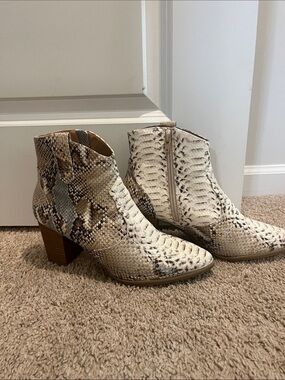 Cream Snake-Print Ankle Boots